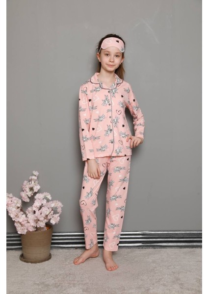 Kız Çocuk Uzun Kulak Tavşan Bunny Desen Pembe Renk Düğmeli Pijama Takımı
