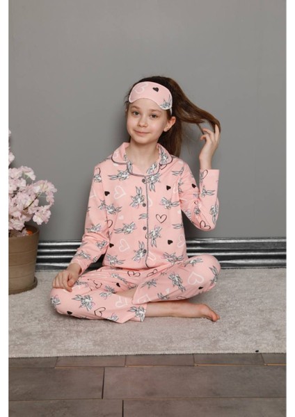 Kız Çocuk Uzun Kulak Tavşan Bunny Desen Pembe Renk Düğmeli Pijama Takımı