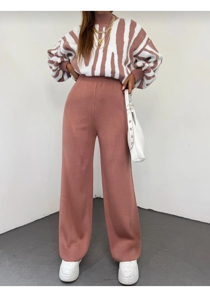 Kadın Kışlık Rahat Kalıp Bol Paça Comfort Beli Lastikli Triko Pantolon