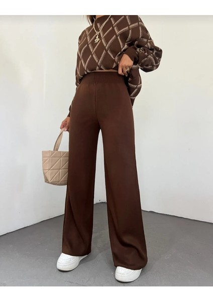 Kadın Kışlık Rahat Kalıp Bol Paça Comfort Beli Lastikli Triko Pantolon