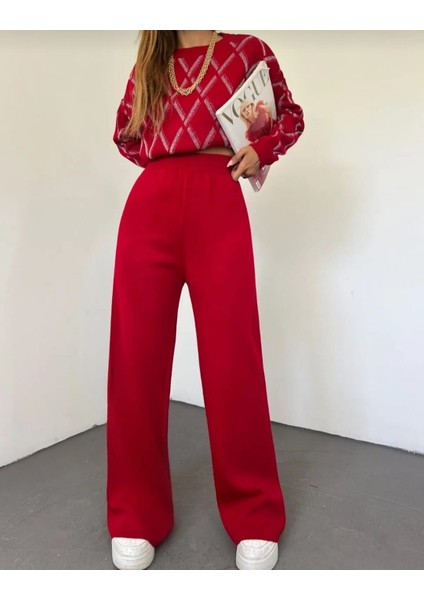 Kadın Kışlık Rahat Kalıp Bol Paça Comfort Beli Lastikli Triko Pantolon