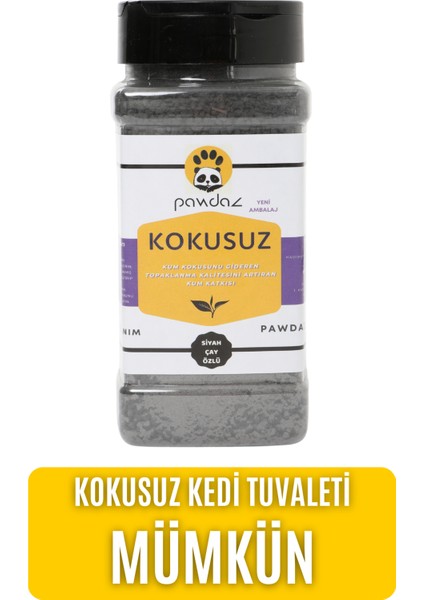 pawdaz Kokusuz - Aktif karbon ve siyah çay özlü kedi kumu kokusu giderici (500 ml. / 300 Gram ± 25 g)