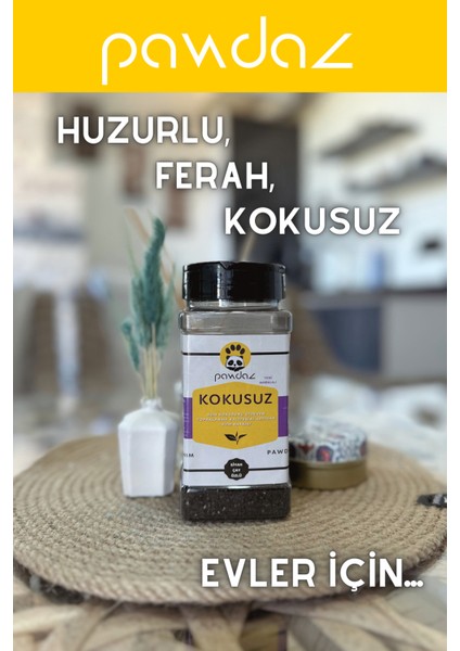 pawdaz Kokusuz - Aktif karbon ve siyah çay özlü kedi kumu kokusu giderici (500 ml. / 300 Gram ± 25 g)