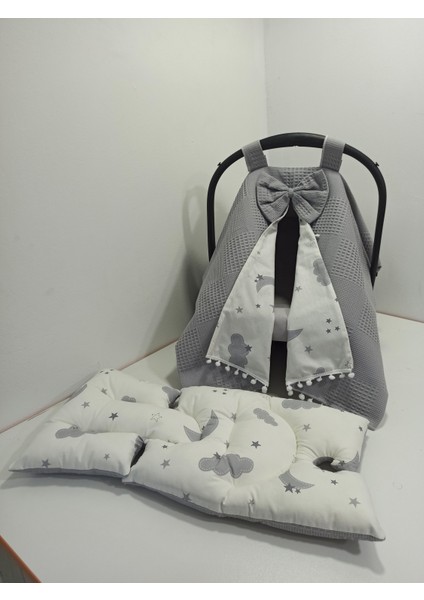 Gri Pikeli ve Poplin Kumaş, Ponponlu Puset Örtüsü ve Puset Minderi 2'li Set fiyatları