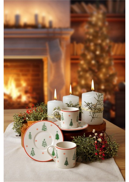 Çam Ağacı 4 parça 2 Kişilik Porselen Kahve Fincan Takımı