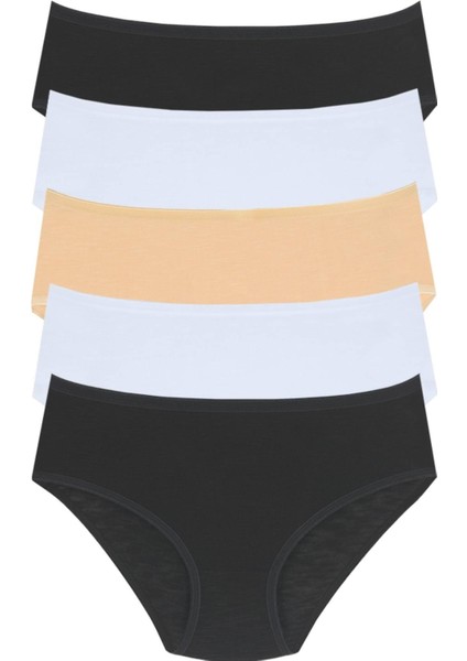 1207 Kadın Beyaz Siyah Ten 5'li Günlük Kalın Kenarlı Slip Külot V13