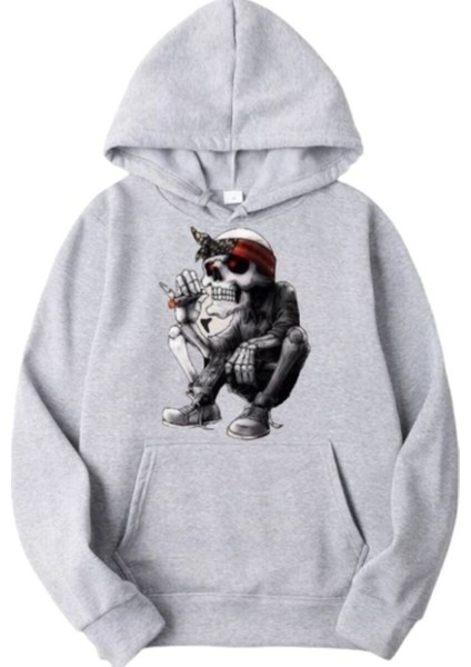 Oversize/geniş Kesim Kapşonlu Uzun Kuru Kafa Poker Baskılı Sweatshırt Hoodie