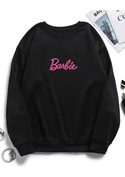 Lobabo Giyim Siyah Barbie Baskılı Bisiklet Yaka Oversize Sweatshirt