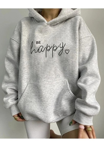 Lobabo Giyim Be Happy Baskılı Kapüşönlü Sweatshirt