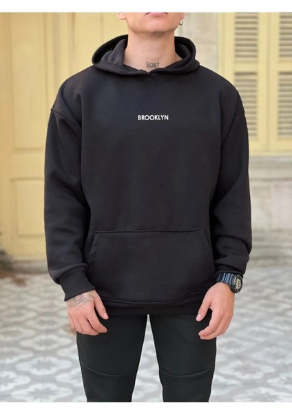 Lobabo Giyim Unisex Siyah Brooklyn Baskılı Kapüşonlu Sweatshirt