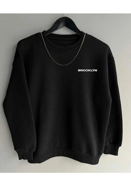 Lobabo Giyim Siyah Oversize Brooklyn Baskılı Pamuklu Kapşonsuz 0 Yaka Unisex Sweatshirt