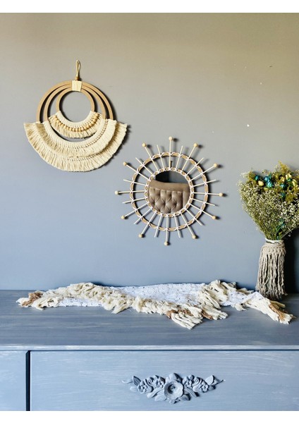 Wall Decoration Art Bohem Makrome ve Bambu Ayna Duvar Dekorasyon Ürünü 2’li Set fiyatları