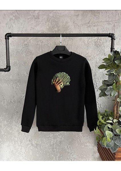 Lobabo Giyim Unisex Elde Para Baskılı Siyah Bisiklet Yaka Sweatshirt