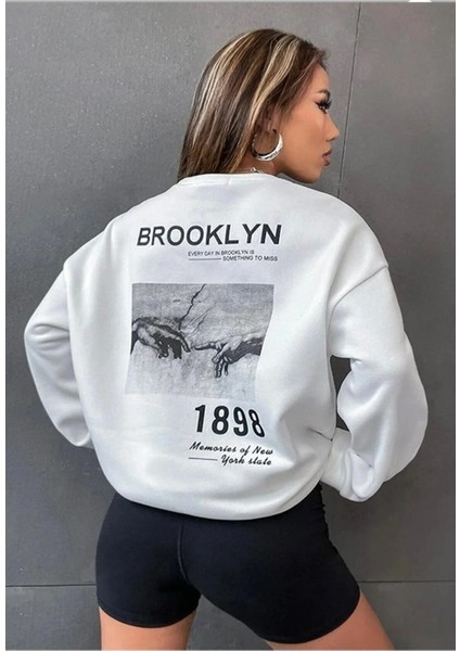 Lobabo Giyim Oversize Brooklyn 1898 Baskılı Bisiklet Yaka Kapşonsuz Pamuklu Sweatshirt