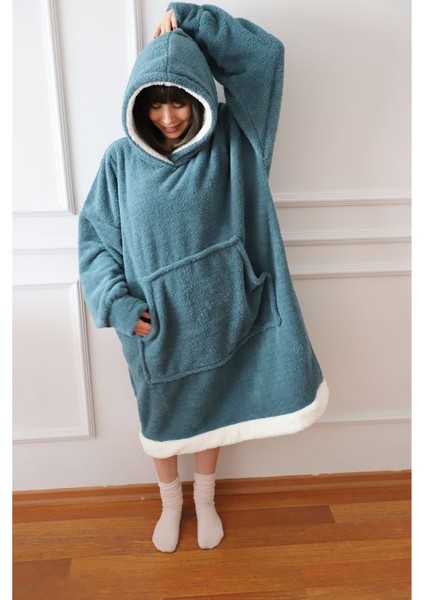 Wellsoft Giyilebilir Battaniye Beyaz Bantlı Beyaz Kapüşonlu TURKUAZ01