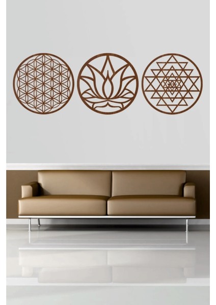 Yaşam Çiçeği Lotus Çiçeği ve Sri Yantra 3'lü Set Kahverengi Duvar Tablosu