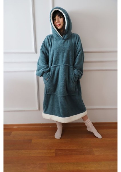 Wellsoft Giyilebilir Battaniye Beyaz Bantlı Beyaz Kapüşonlu TURKUAZ01 modelleri