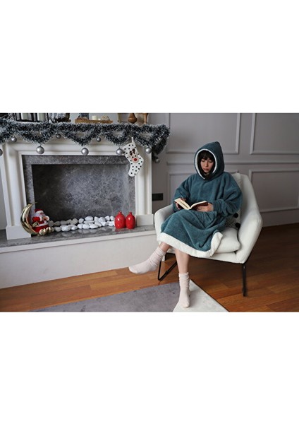 Wellsoft Giyilebilir Battaniye Beyaz Bantlı Beyaz Kapüşonlu TURKUAZ01 fırsatları