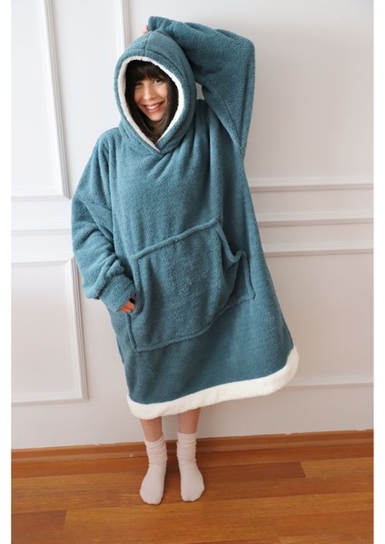 Wellsoft Giyilebilir Battaniye Beyaz Bantlı Beyaz Kapüşonlu TURKUAZ01 indirimleri