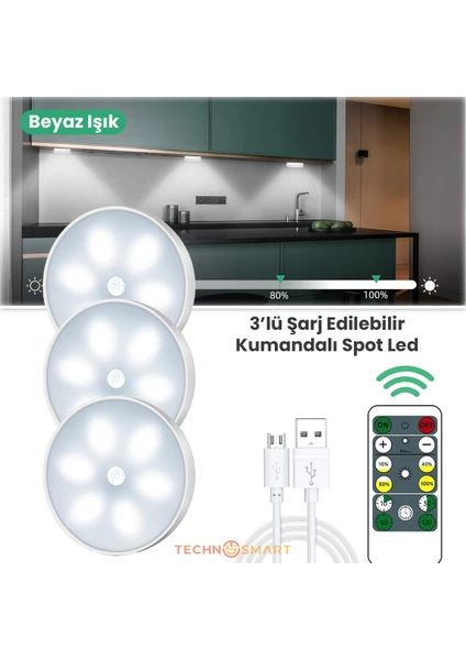 3lü Spot LED Kumandalı USB Şarjlı Akıllı Hareket Sensörlü Beyaz Işık Kablosuz Lamba