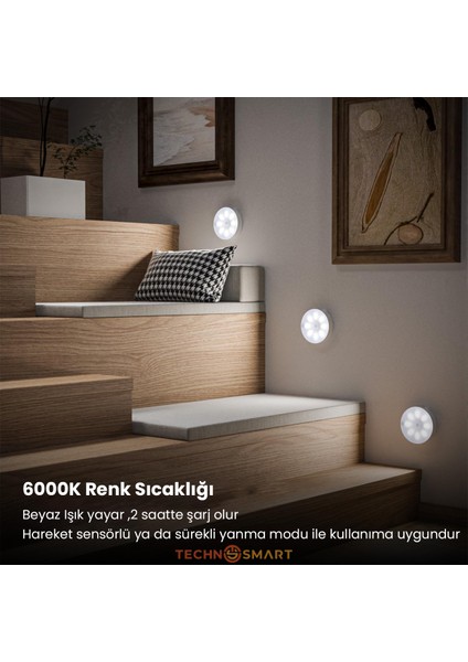 3lü Spot LED Kumandalı USB Şarjlı Akıllı Hareket Sensörlü Beyaz Işık Kablosuz Lamba