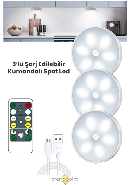 3lü Spot LED Kumandalı USB Şarjlı Akıllı Hareket Sensörlü Beyaz Işık Kablosuz Lamba