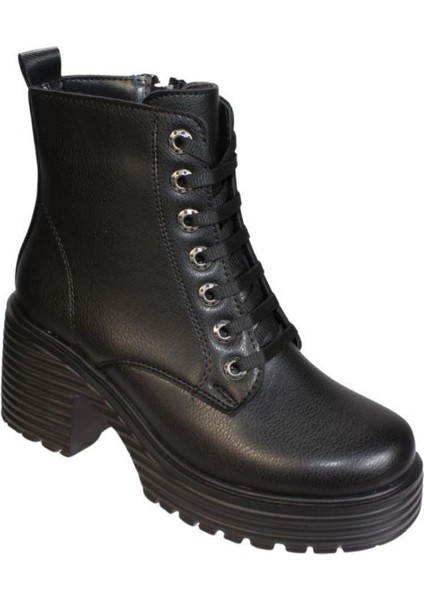 Yazkış Kadın Siyah Ten 7cm Kalın Platform Topuk Bağcıklı Fermuarlı 13CM Bilek Boyu Topuklu Bot