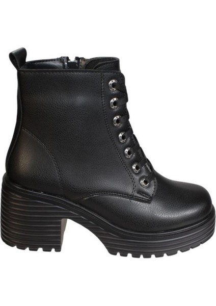 Yazkış Kadın Siyah Ten 7cm Kalın Platform Topuk Bağcıklı Fermuarlı 13CM Bilek Boyu Topuklu Bot fiyatları