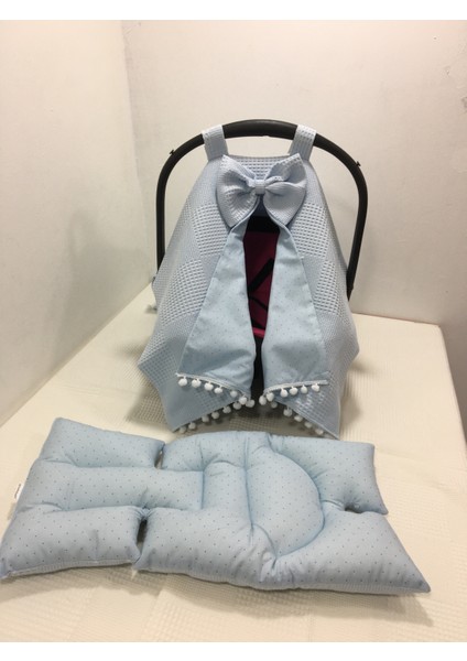 Mavi Pikeli ve Poplin Kumaş, Ponponlu Puset Örtüsü ve Puset Minderi 2'li Set fiyatları