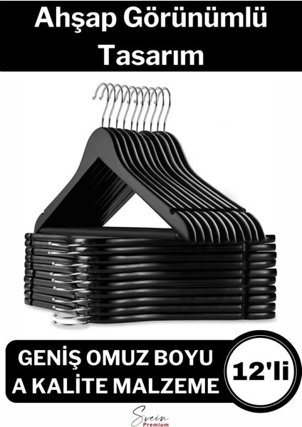 Premium Ahşap Görünümlü Kırılmaz Dayanıklı Plastik Siyah Kıyafet Elbise Askı 12'li