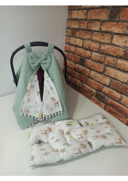 Buse Baby Home Yeşil Pikeli ve Poplin Kumaş, Ponponlu Puset Örtüsü ve Puset Minderi 2'li Set