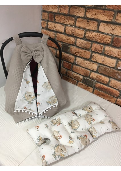 Kahverengi Pikeli ve Poplin Kumaş, Ponponlu Puset Örtüsü ve Puset Minderi 2'li Set fiyatları