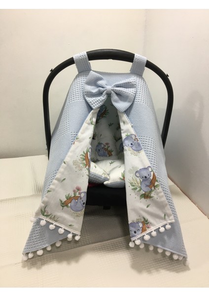 Mavi Pikeli ve Poplin Kumaş, Ponponlu Puset Örtüsü ve Puset Minderi 2'li Set