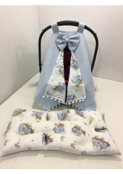 Mavi Pikeli ve Poplin Kumaş, Ponponlu Puset Örtüsü ve Puset Minderi 2'li Set fiyatları