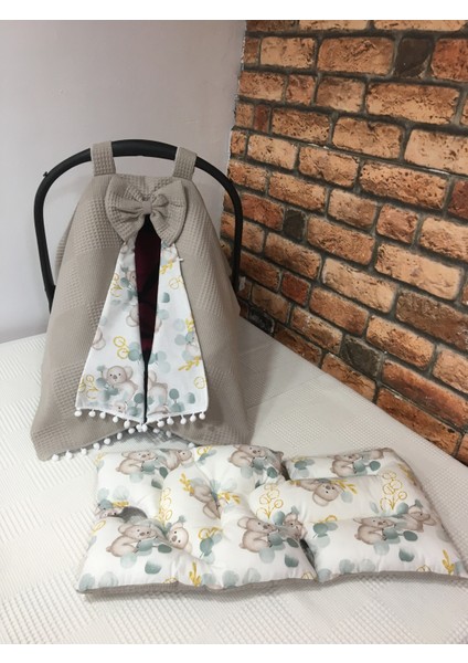 Kahverengi Pikeli ve Poplin Kumaş, Ponponlu Puset Örtüsü ve Puset Minderi 2'li Set fiyatları