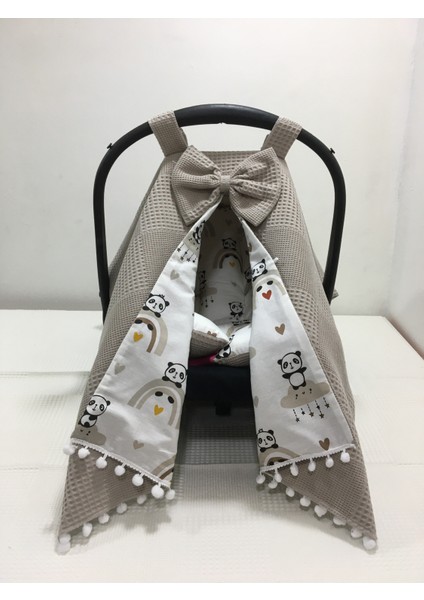 Kahverengi Pikeli ve Poplin Kumaş, Ponponlu Puset Örtüsü ve Puset Minderi 2'li Set