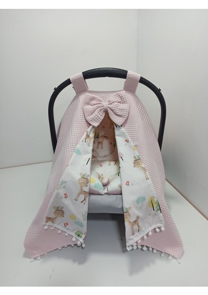 Pembe Pikeli ve Poplin Kumaş, Ponponlu Puset Örtüsü ve Puset Minderi 2'li Set