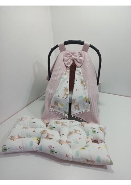 Pembe Pikeli ve Poplin Kumaş, Ponponlu Puset Örtüsü ve Puset Minderi 2'li Set fiyatları