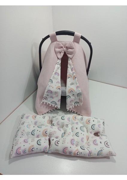 Pembe Pikeli ve Poplin Kumaş, Ponponlu Puset Örtüsü ve Puset Minderi 2'li Set fiyatları