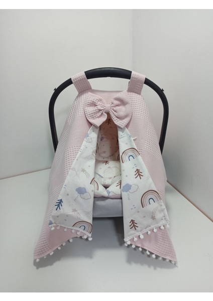 Pembe Pikeli ve Poplin Kumaş, Ponponlu Puset Örtüsü ve Puset Minderi 2'li Set