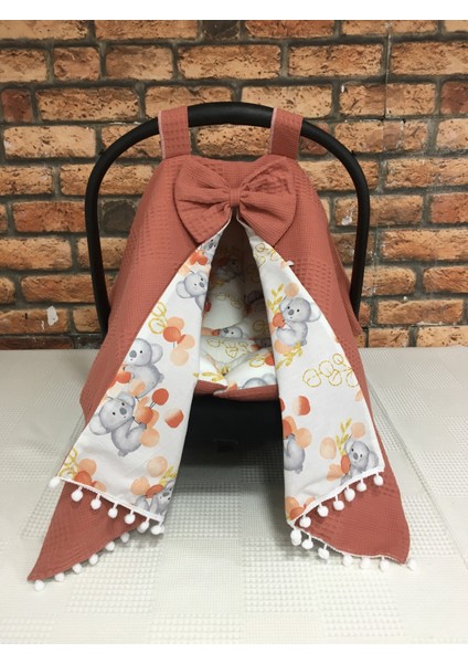 Kiremit Pikeli ve Poplin Kumaş, Ponponlu Puset Örtüsü ve Puset Minderi 2'li Set