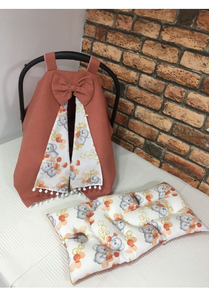 Kiremit Pikeli ve Poplin Kumaş, Ponponlu Puset Örtüsü ve Puset Minderi 2'li Set fiyatları