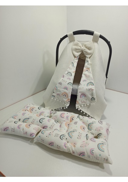 Krem Pikeli ve Poplin Kumaş, Ponponlu Puset Örtüsü ve Puset Minderi 2'li Set fiyatları