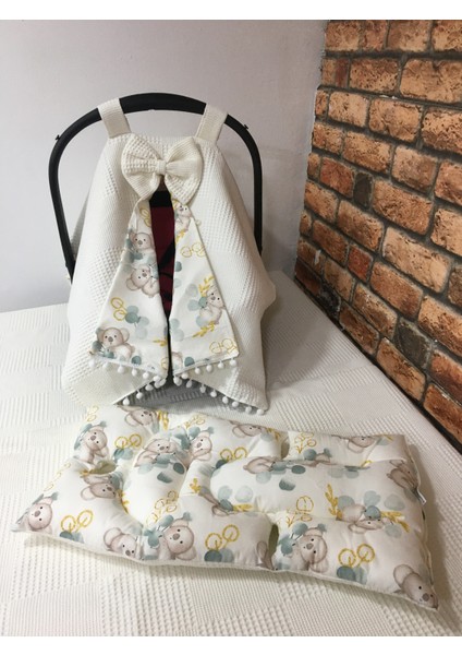 Krem Pikeli ve Poplin Kumaş, Ponponlu Puset Örtüsü ve Puset Minderi 2'li Set fiyatları