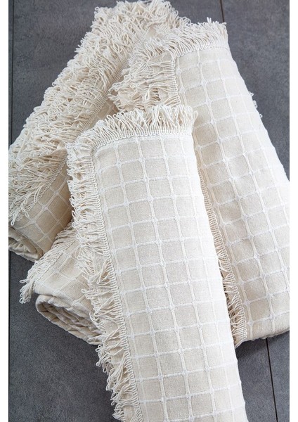 Pamuklu Kareli Krem Buldan Işi Koltuk Örtüsü