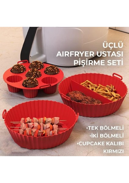 Güncelçarşı Airfryer Ustası 3'lü Pişirme Seti, Silikon Airfryer Pişirme Kağıdı, Bpa Içermez, Yapışmaz Kolay Temizlenir Muffin Cupcake, Iki Bölmeli Silikon Pişirme Kabı