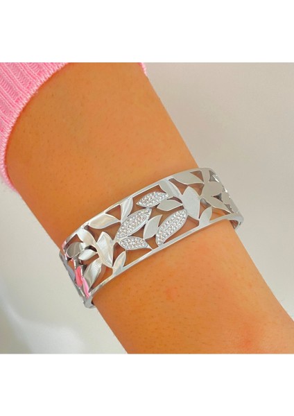 Zirkon Taşlı Geniş Çelik Bileklik Bilezik Künye
