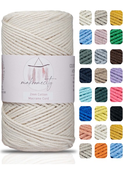 Makrome City Premium Koton Pamuk Makrome Ipi Ekru 250 gr 185 Metre 2mm Cotton Zincir Makrome Çanta Ipi Supla Ipi