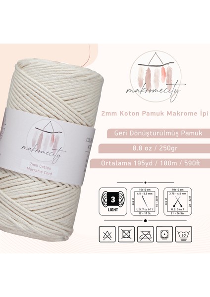 Makrome City Premium Koton Pamuk Makrome Ipi Ekru 250 gr 185 Metre 2mm Cotton Zincir Makrome Çanta Ipi Supla Ipi