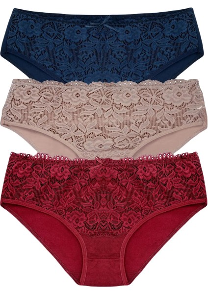 3'lü Pamuklu Dantelli Yüksek Bel Büyük Beden Kadın Külot